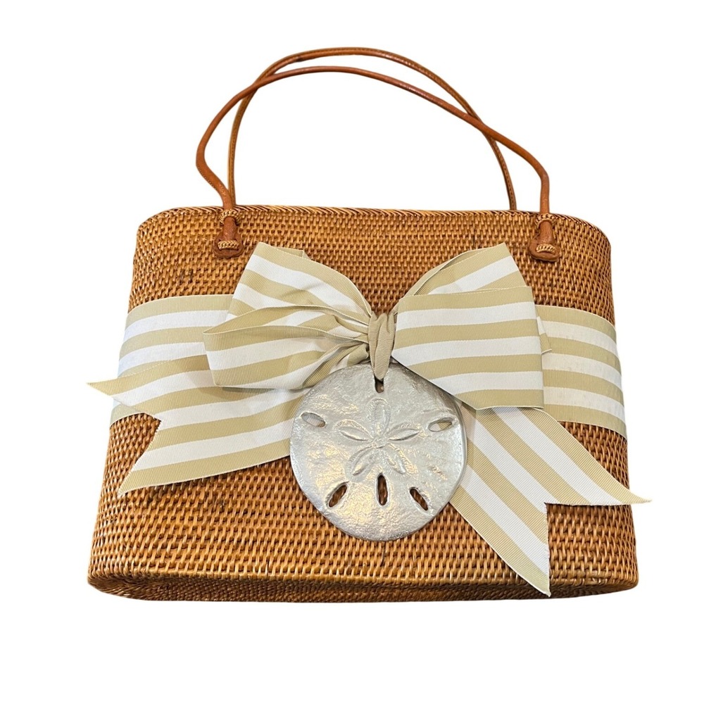Bosom Buddy Bags Woven Rattan Tote Women Medium Brown Sand Dollar Bow Striped